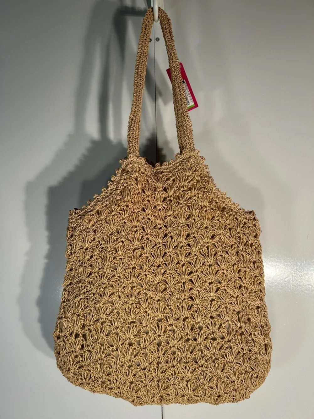 Xhilaration Crochet Raffia & Gold Metallic Tote Bag Boho Travel Beach Cottage
